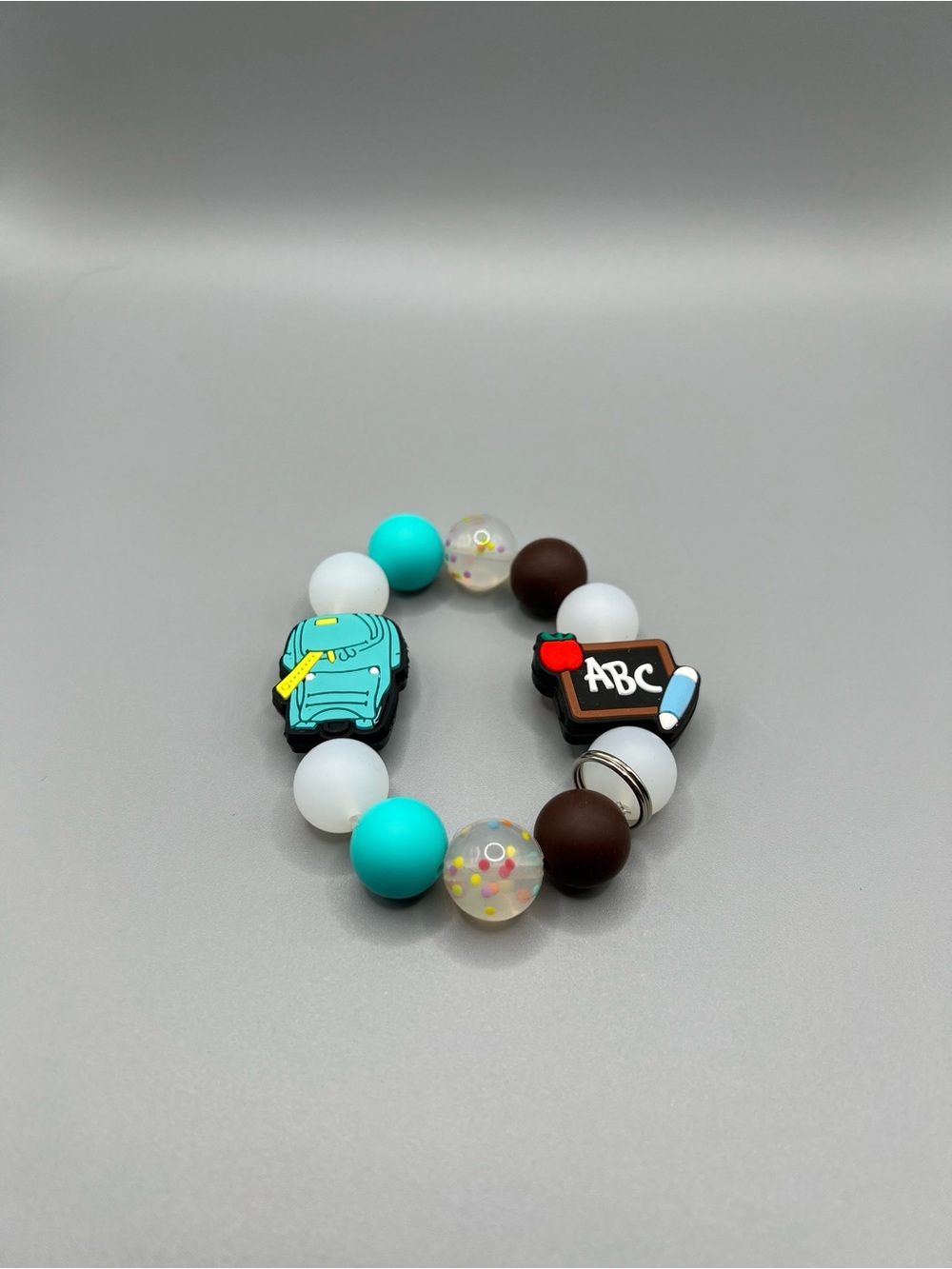 School-Themed Beaded Bracelet in Teal, White & Brown - Handmade - K0159C